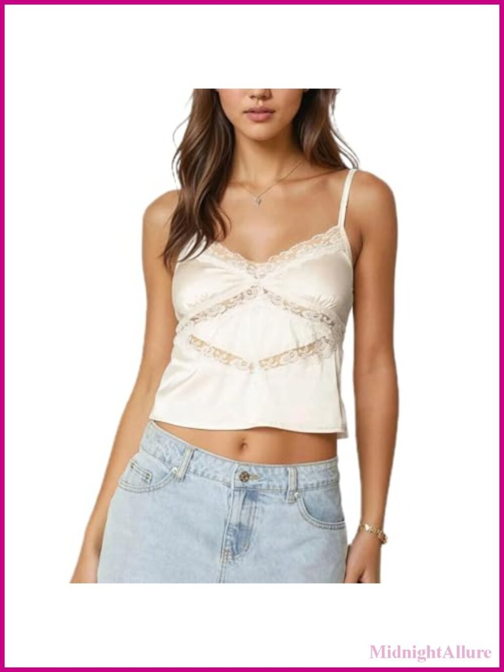 Satin Silk Lace Trim Spaghetti Strap Tank Top V Neck Sleeveless Cami